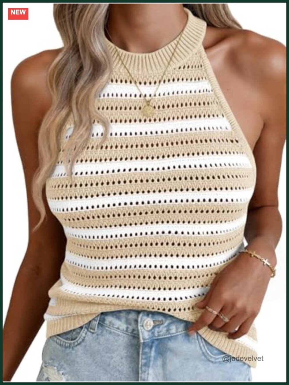Women's Crochet Halter Tank Top Striped Sleeveless Knit Vest
